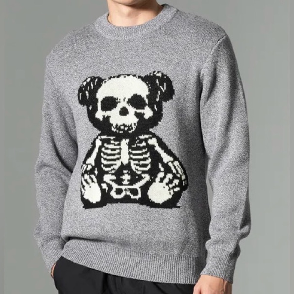 WESC Leon Skeleton Bear Crew Neck Cotton Sweater Grey Unisex NWT